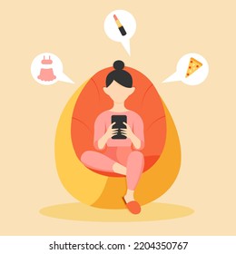online shopping.Woman sits in a bean bang chair with a phone and makes purchases through an online store.Delivery.Buy from home.girl thinking what to buy.
Stay at home.Vector illustration