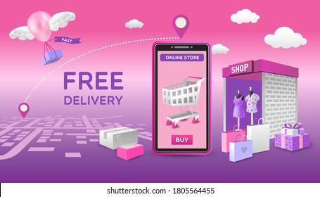 Online shops have a free delivery service.The storefront has shopping bags and boxes, Deliver to the map and GPS, sweet concept, Purple and pink background with clouds floating in the sky. 