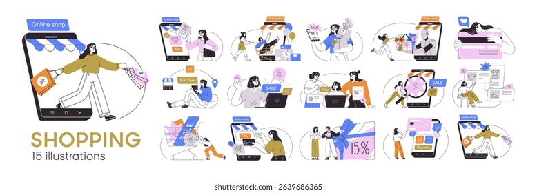 Online shops, internet stores set. E-commerce, sales and gifts, buying and paying for purchases via digital mobile applications and websites. Flat vector illustrations isolated on white background