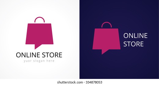Online shops logo concept. Purple colored isolated luxury logotype of shopping centre in the shape of speaking handbag. Fashion city, shopping bag. Isolated abstract graphic design template.
