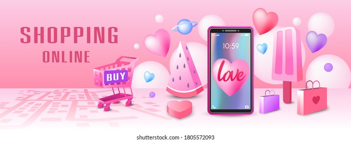 Online shops sweet concept, Pink background with hearts and circles floating in the air, The shopping cart has a bye on it, On the phone there is a heart and the words love.