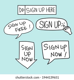 Online Sign Up Icon. Hand Drawn Of Sign Up Online Icon Flat Outline Style Isolated From Background. Sign Up Now, Sign Up Here Text Vector Illustration 