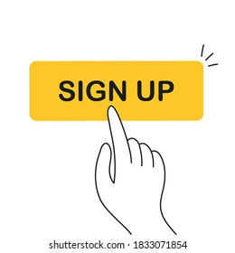 Online sign up, click on the registration button and lead conversion process. Hand pushing the CTA button, enrolling by invitation. Flat line vector illustration on white.