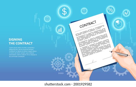 Online Signing Of The Contract Concept. Hand With Pen Sign A Contract. Vector Illustration