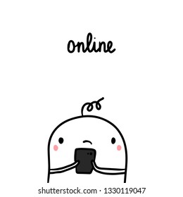 Online sitting at social nets bad habit hand drawn illustration cartoon minimalism