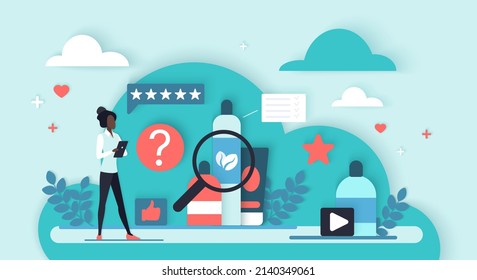 Online skincare product review. Tiny person examining cosmetics with magnifier to find harmful, toxic, unhealthy or healthy chemical ingredients flat vector illustration. Testimonial feedback concept