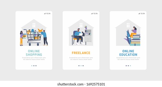 Online slider templates kit - online shopping, freelance, online education. Modern user interface UX, UI screen template for mobile smart phone or responsive web site.