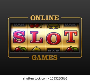 Online Slot Games, slot machine games banner, gambling casino games, slot machine illustration with text Online Slot Games, vector illustration