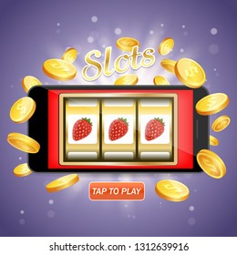 Online slots vector poster banner design template. Slot machine casino on mobile phone screen and flying golden dollar coins. Mobile slots concept.