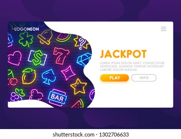 Online slots website. Winning jackpot. Casino web page. Slot neon sign. Casino, Slot machine, Gambling. Web banner template. Vector illustration