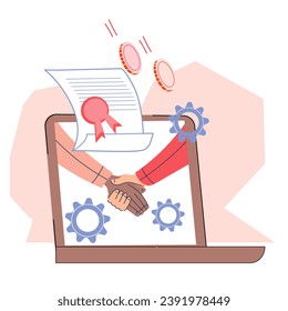 Online smart contracts a secure way to establish partnerships and make deals in business. Handshake at computer backdrop for digital contracts and online partnerships banners.
