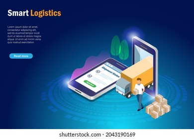 	
Online smart logistics. Delivery truck and shipment tracking status on smart phone screen. Global transportation logistics and delivery technology concept. 3D Isometric vector.