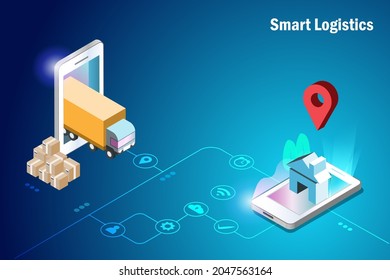 Online smart logistics. Delivery truck using GPS delivery shipment to customer home on smart phone. Global logistics and transportation technology concept. 3D Isometric vector.