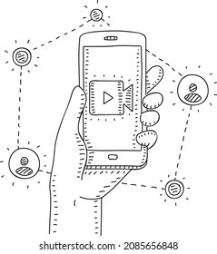 Online smart phone video-network - sketchy hand-drawn vector illustration. Hand with the smart phone and the network with video-files.