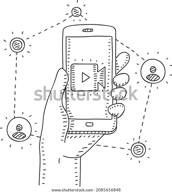 Online smart phone video-network - sketchy
hand-drawn vector illustration. Hand with the smart phone and the
network with
video-files.