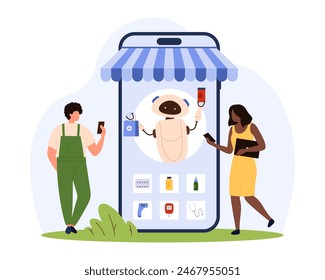 Online smart service with AI assistant, pharmacy mobile app. Tiny people choose category of medical equipment and pills for purchase with robot support on smartphone screen cartoon vector illustration