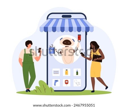 Online smart service with AI assistant, pharmacy mobile app. Tiny people choose category of medical equipment and pills for purchase with robot support on smartphone screen cartoon vector illustration