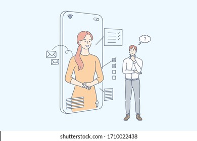 Online, smart technology, communication, business concept. Young businessman cler manager using online assistant on smartphone. Online communication. Flat vector