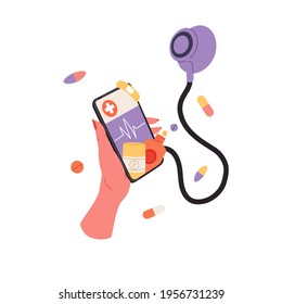 Online smartphone medicine check up flat cartoon illustration. Mobile drugstore application banner design. Doctor connection technology, web prescription and diagnosis background.