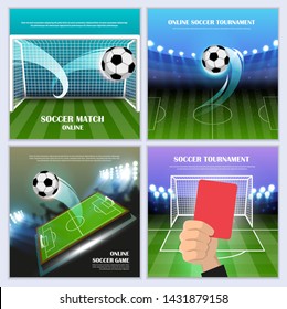 Online soccer tournament concept with a playing field, a ball and other sports equipment. Sport banners templates set. Vector illustration.