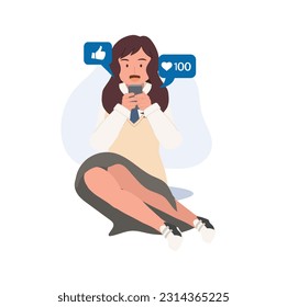 online social addict concept. Happy high school girl is sitting and looking at her smartphones. Flat vector  cartoon character illustration.