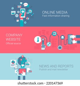 Online Social Media Company Website News Letter Report Concept Flat Icons Set Of Information Sources And Vector Web Banners Illustration Print Materials Website Click Infographics Elements Collection