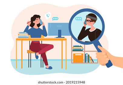 Online social media fraud, phone crime call, data security technology. Live bait fishing investigation. Flat abstract metaphor cartoon vector illustration concept design isolated on white background.