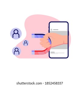 online, social media, influencer marketing by mobile phone device, magnetic field that drags customer. concept metaphor illustration flat design vector eps10