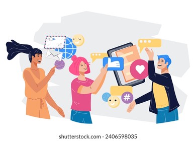 Online social media marketing SMM, and brand advertising, banner flat vector illustration isolated on white background. Public relations and PR technologies banner design.