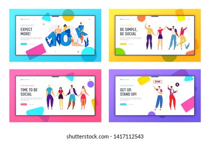 Online Social Media Network Concept with Happy Young People Landing Page. 10K Followers with Group of Subscribers. Friendship Multicultural Group Web Banner. Crowd Protesting on Strike. Vector flat