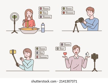 Online social network influencers live streaming and chat conversation. flat design style vector illustration.