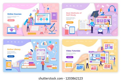 Online Source And Library, Self Study And Video Tutorial Vector. People With Smartphone Laptop Getting Education, Graduation Hat And Resources In Web