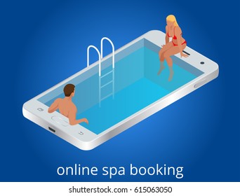 Online SPA booking concept. Guests can book online with mobile devices, tablets, desktops, IPTVs or kiosks at anytime, from anywhere. Flat isometric vector illustration