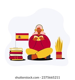 Online Spanish language courses flat vector illustration. Distance education, distance school,  University. A student is reading a book. Online classroom, e-learning language school