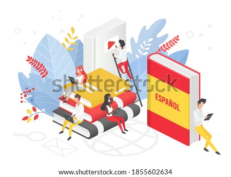 Online Spanish language courses isometric 3d vector illustration. Distance education, remote school, Spain university. Students reading books Internet class, e learning language school isolated