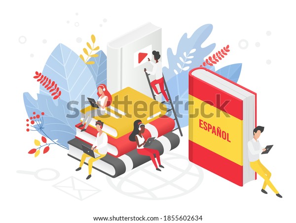 Online Spanish language courses isometric 3d\
vector illustration. Distance education, remote school, Spain\
university. Students reading books Internet class, e learning\
language school\
isolated