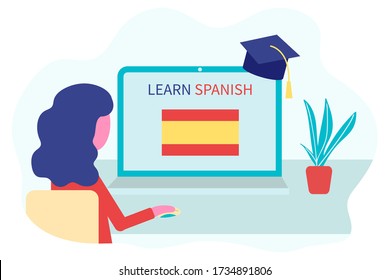 Online Spanish Learning, distance education concept. Language training and courses. Woman student studies foreign languages on a website in a laptop. Vector in flat design.