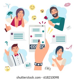 Online speaking concept. Chatting with friends, boyfriend. Hand with smartphone. Colorful flat illustration. 