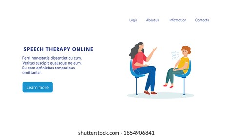 Online speech therapy website banner with cartoon child and teacher sitting on chairs and learning to speak properly. Vector illustration of speaking course home page template.