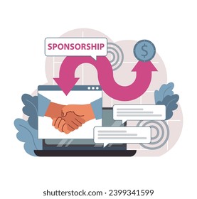 Online sponsorship agreement. Handshake on screen signifies collaboration. Circular flow of funds, partnership commitment. Successful online deals, fostering trust in digital age. vector illustration