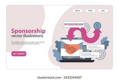 Online sponsorship agreement. Handshake on screen signifies collaboration. Circular flow of funds, partnership commitment. Successful online deals, fostering trust in digital age. vector illustration