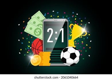 Online sport betting mobile app banner design template with statistics scoreboard on smartphone screen and soccer basketball ball, trophy award cup and winner dollar coins. Bookmaker promo advertising