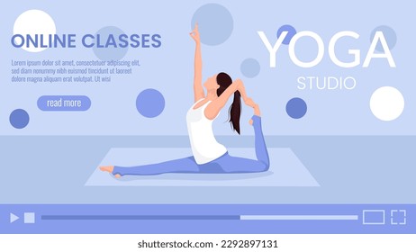 Online sport classes banner, web, landing page concept with woman doing exercises.