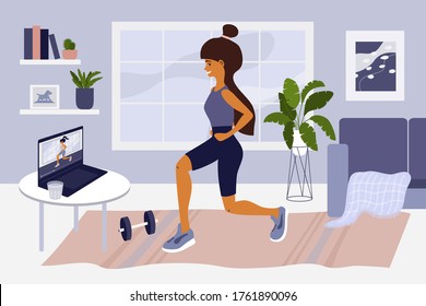 Online sport exercises or classes. Young woman watching training video on laptop, doing workout. Healthy lifestyle. Physical activities at apartment. Stay home, self isolation. Gym vector illustration