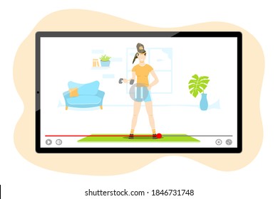 Online sport and fitness coronavirus isolation online trainer. Woman showing how to do exercises. Fitness trainer online concept cartoon vector illustration. 