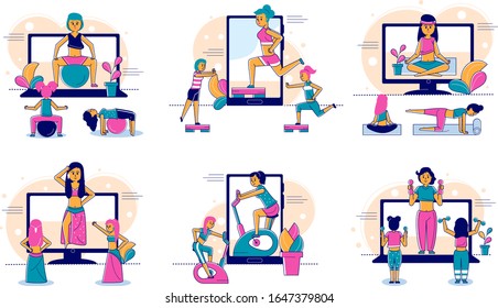 Online sport and fitness, lifestyle, online trainer web technology and people concept line vector illustration. Tablet, computer or mobile phone and sport trainer online works out on exercise in gym.