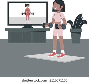 Online sport. Home healthy training webinar. Fitness, yoga internet course, distance class. Exercise positive concept. Online sport activity. Sport stream, virtual coach, teacher. Vector illustration