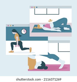 Online sport. Home healthy training webinar. Fitness, yoga internet course, distance class. Exercise positive concept. Online sport activity. Sport stream, virtual coach, teacher. Vector illustration