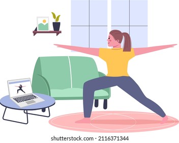 Online sport. Home healthy training webinar. Fitness, yoga internet course, distance class. Exercise positive concept. Online sport activity. Sport stream, virtual coach, teacher. Vector illustration