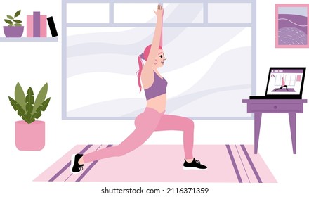 Online sport. Home healthy training webinar. Fitness, yoga internet course, distance class. Exercise positive concept. Online sport activity. Sport stream, virtual coach, teacher. Vector illustration